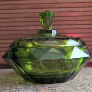 Vintage Viking Glass Emerald Green Diamond Point Candy Dish Compote